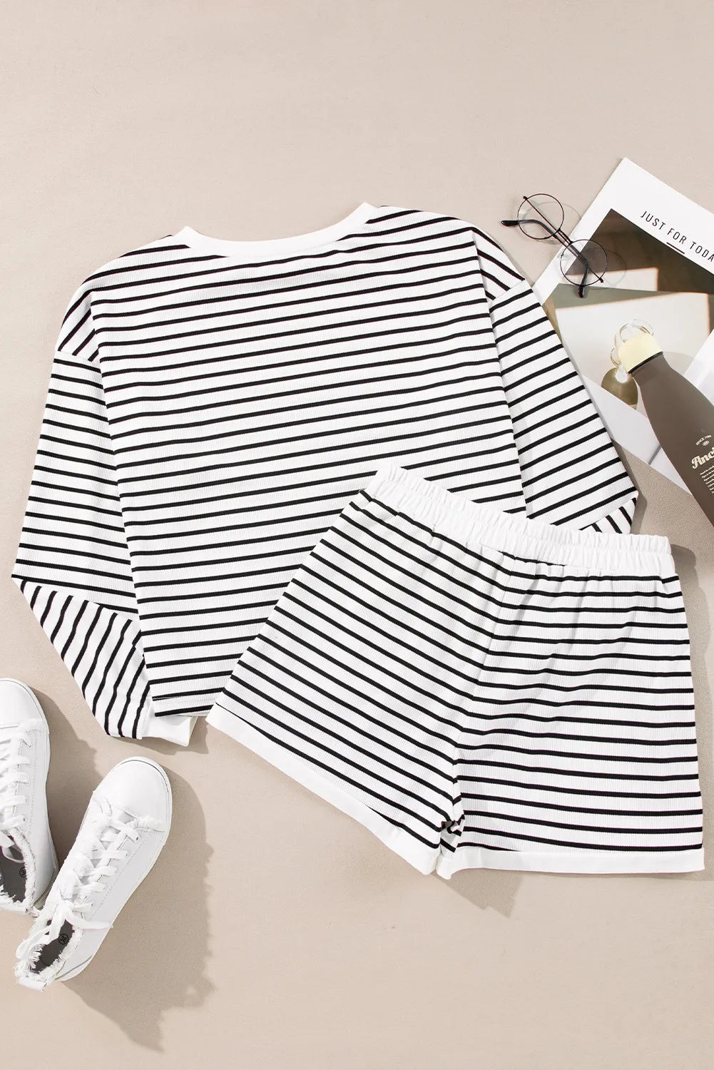 Striped Round Neck Long Sleeve Top and Shorts Set-Bella Boutique Collective
