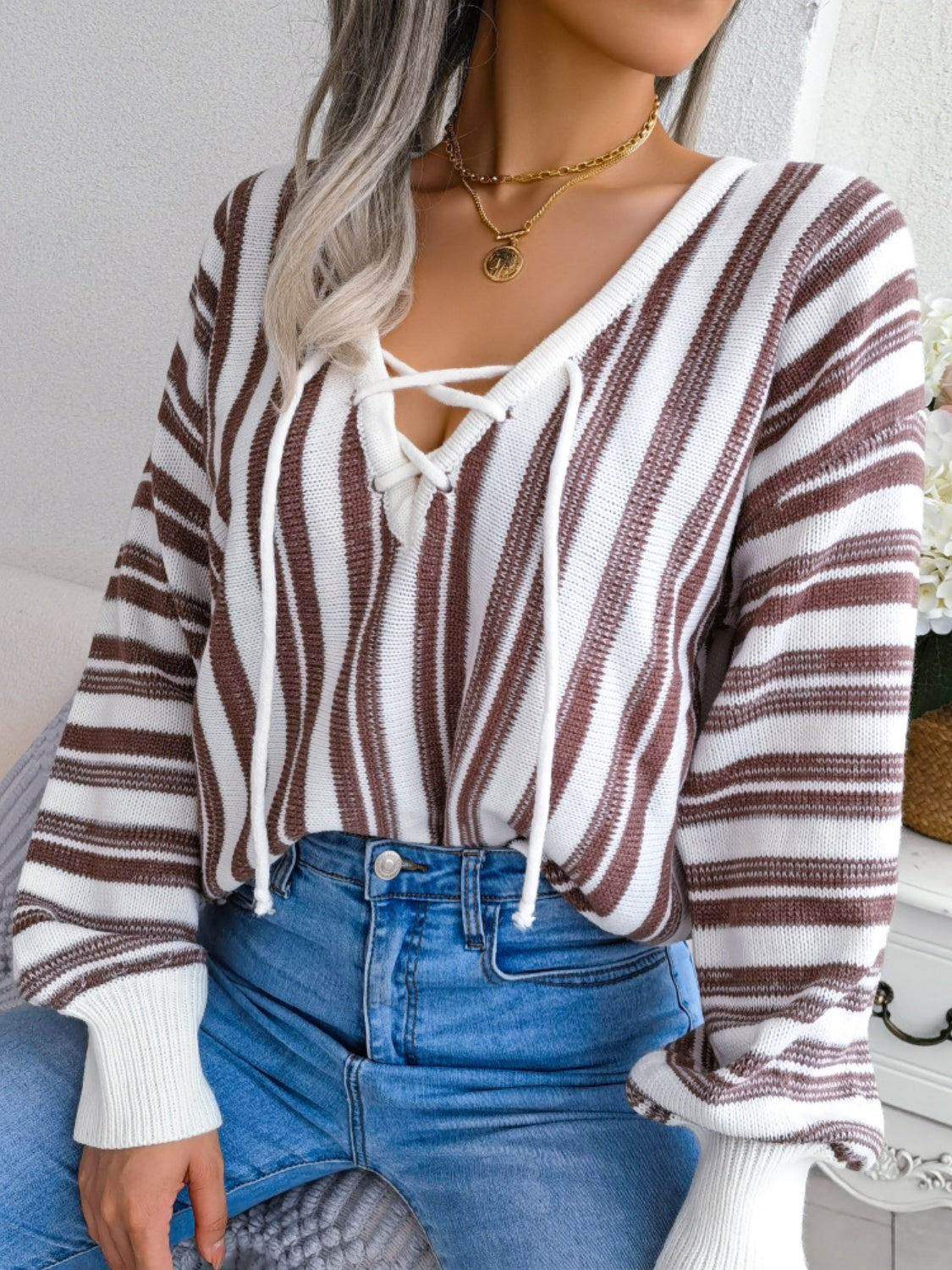 Striped Lace-Up Long Sleeve Sweater-Bella Boutique Collective