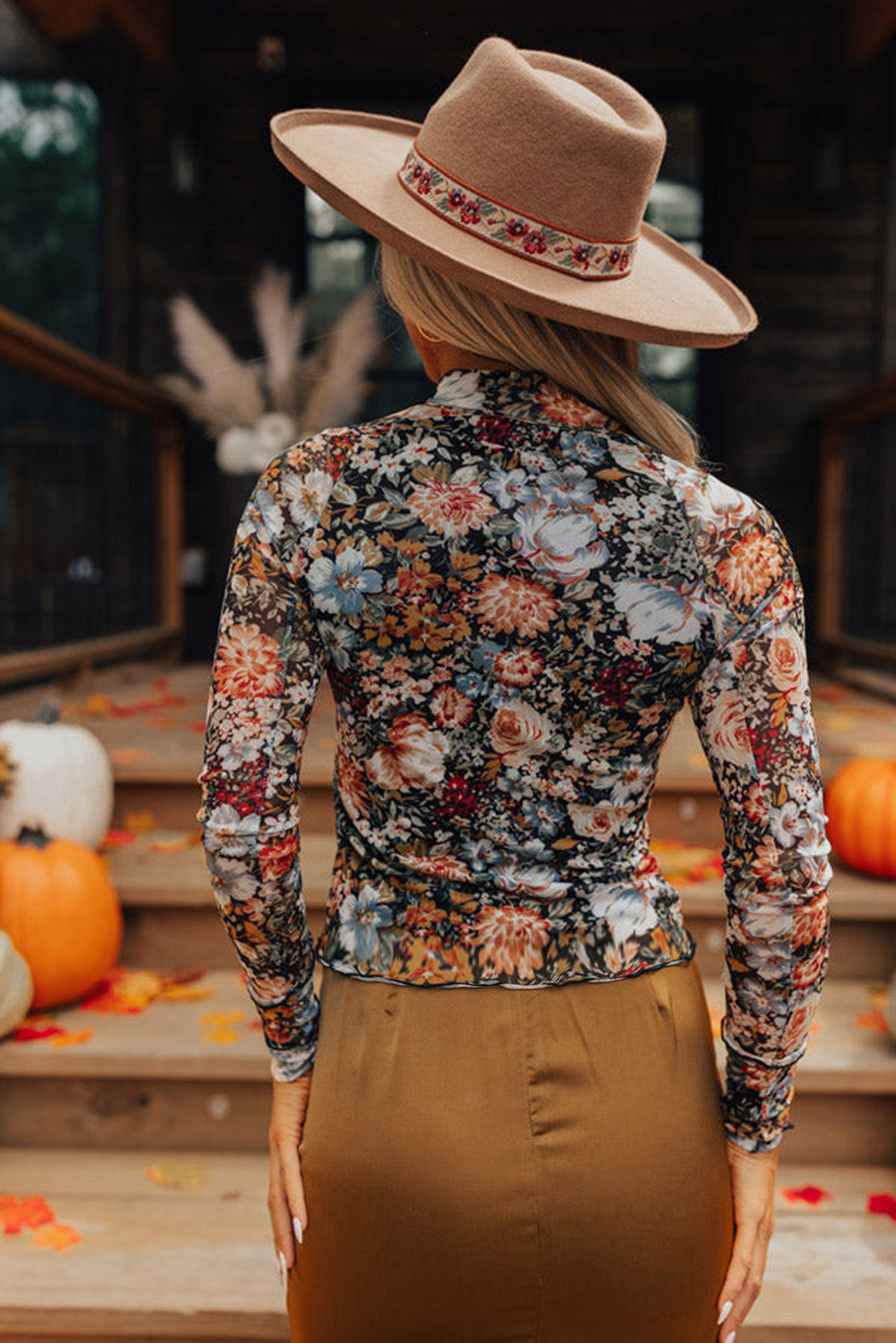Brown Floral Long Sleeve High Neck Sheath Mesh Blouse-Bella Boutique Collective