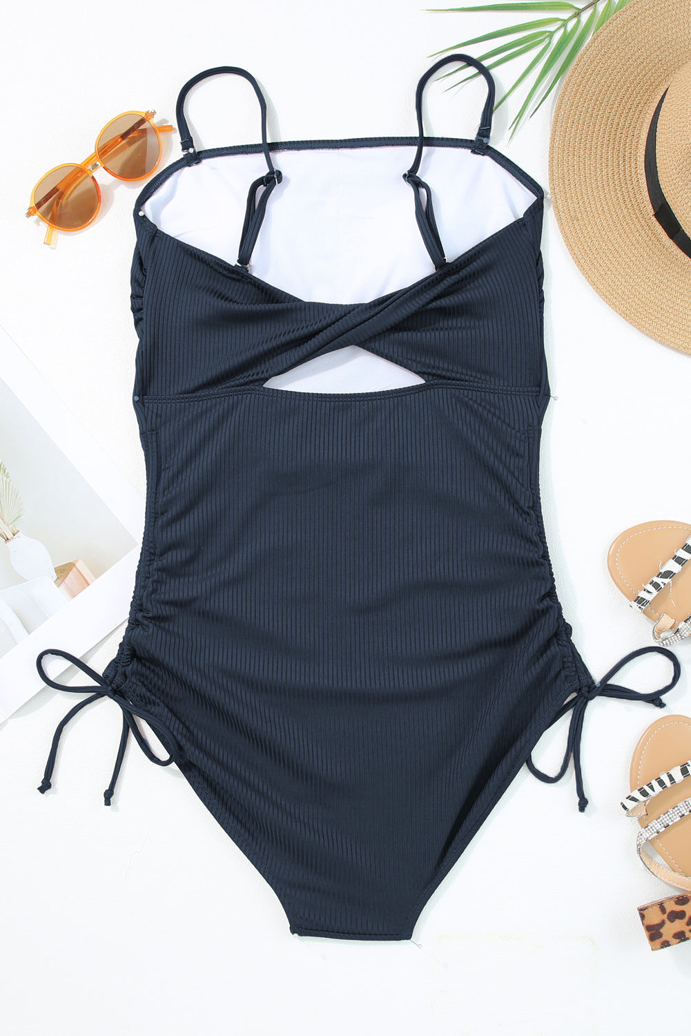 Navy Blue Ribbed Drawstring Sides Cutout One Piece Swimsuit-Bella Boutique Collective