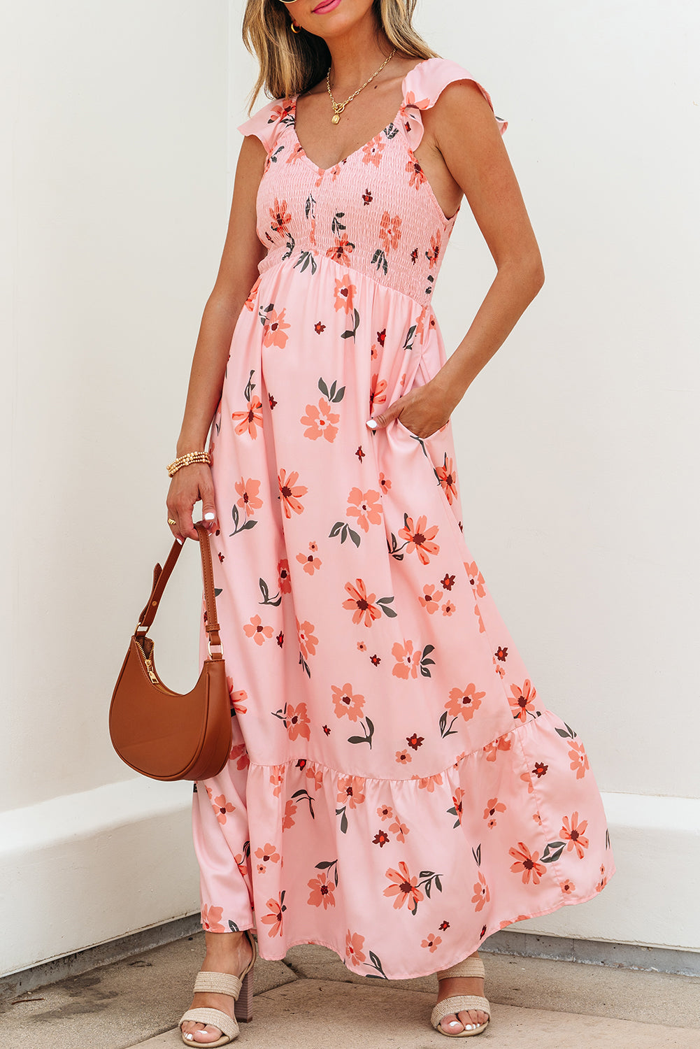 Pink Floral V Neck Smocked High Waist Ruffle Hem Long Dress-Bella Boutique Collective