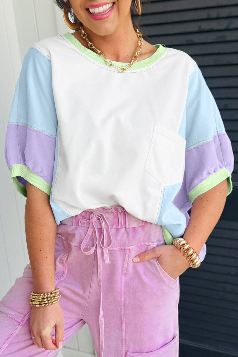 White Color Block Patchwork Half Sleeve Oversized T Shirt-Bella Boutique Collective