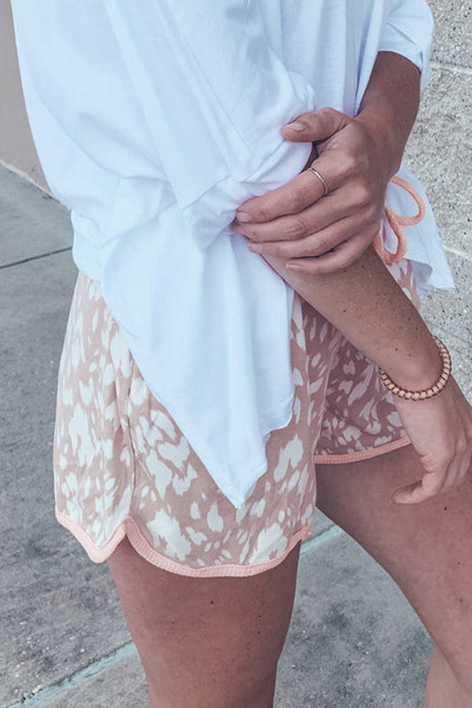 Khaki Classic Leopard Arched Hem Elastic Waist Casual Shorts-Bella Boutique Collective