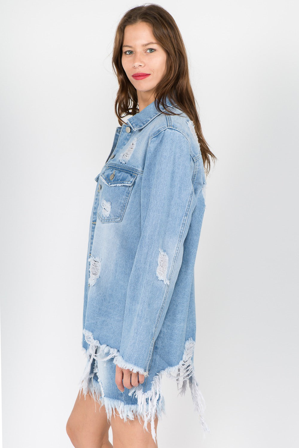 American Bazi Distressed Frayed Hem Denim Jacket-Bella Boutique Collective