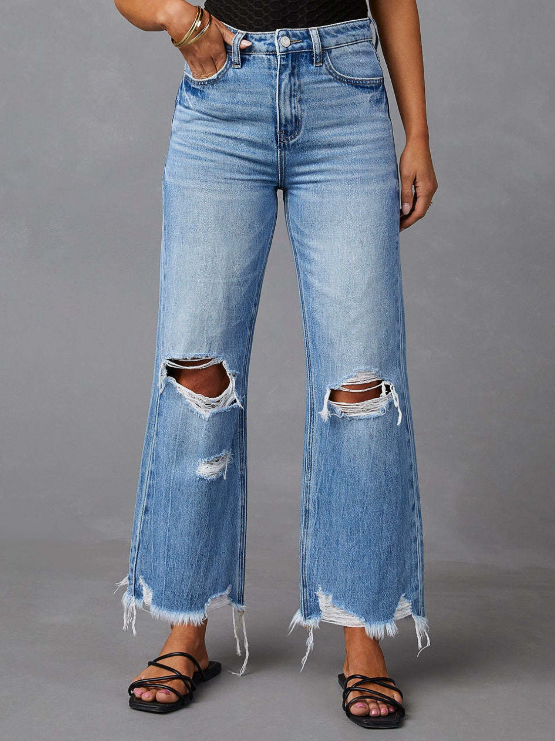 Distressed Raw Hem Jeans with Pockets-Bella Boutique Collective