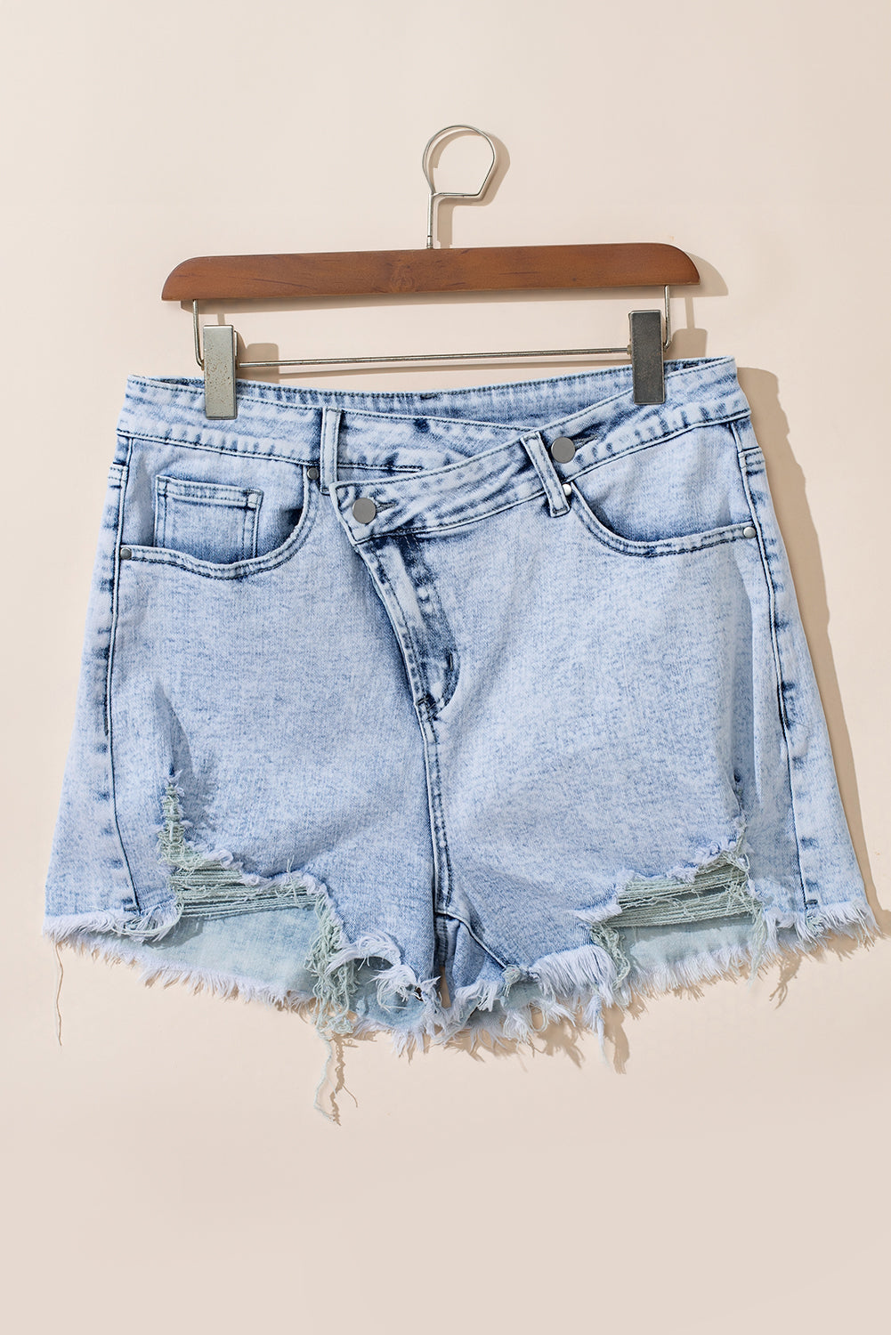 Light Blue Acid Wash Crossed Raw Edge Denim Shorts-Bella Boutique Collective