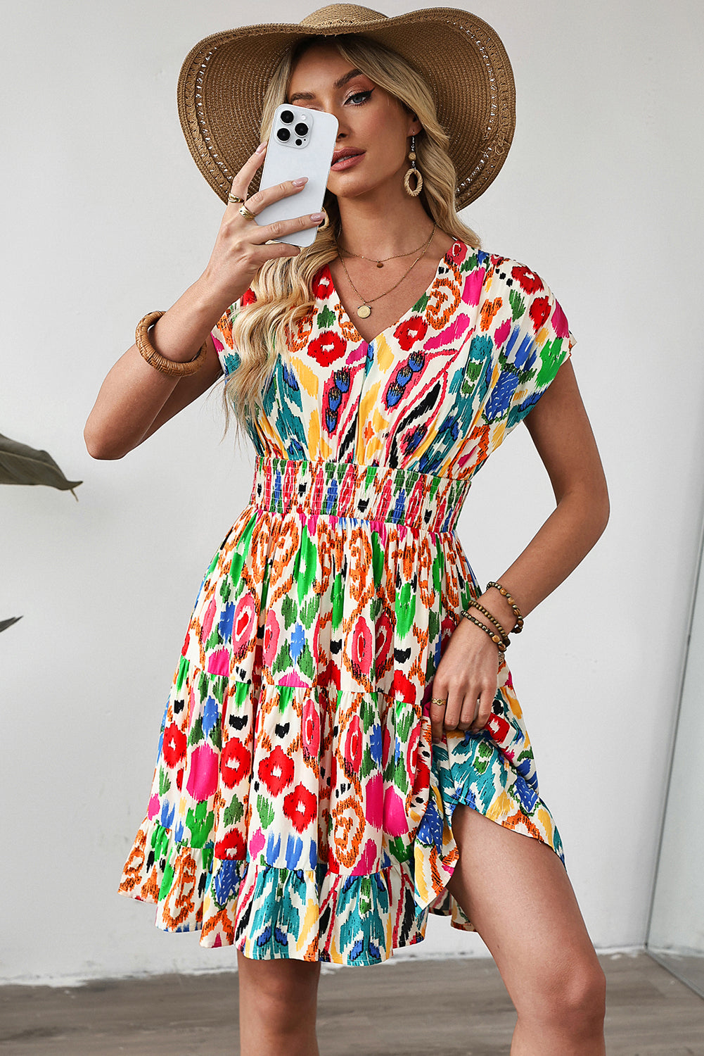 Sky Blue Abstract Print V Neck Dolman Sleeve Ruffle Tiered Mini Dress-Bella Boutique Collective