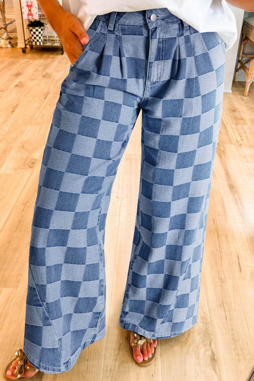 Dusk Blue Checkered Denim Wide Leg Jeans-Bella Boutique Collective
