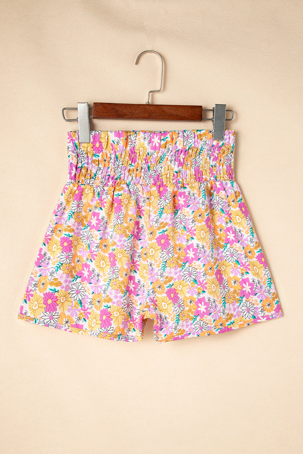 Pink Boho Floral Shirred High Waist Casual Shorts-Bella Boutique Collective