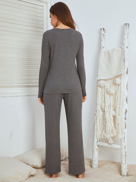Notched Long Sleeve Top and Pants Set-Bella Boutique Collective