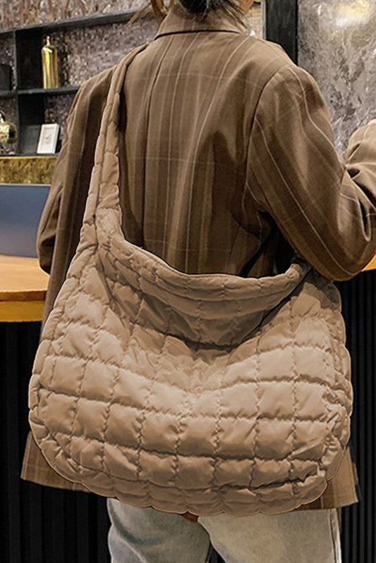 Light French Beige Quilted Zipper Large Shoulder Bag-Bella Boutique Collective