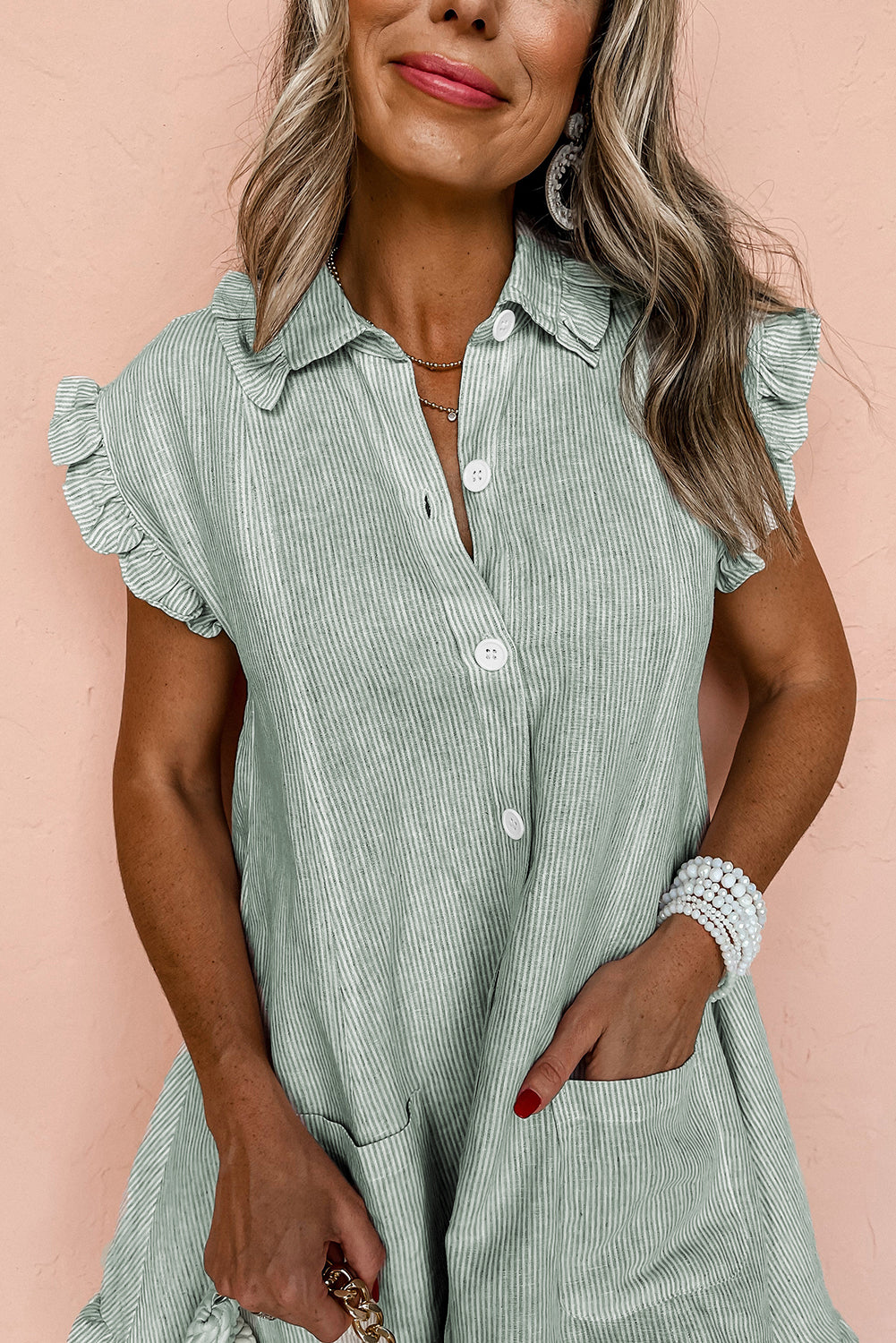 Green Stripe Frilled Sleeveless Collar Front Pocket Button Up Mini Dress-Bella Boutique Collective