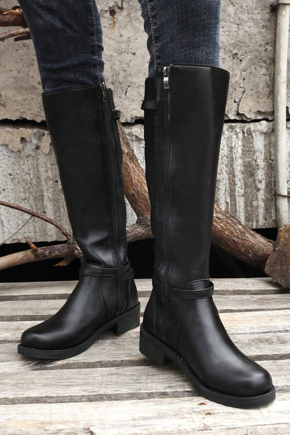 Black Side Zipper Knee High Chunky Low Heel Boots-Bella Boutique Collective