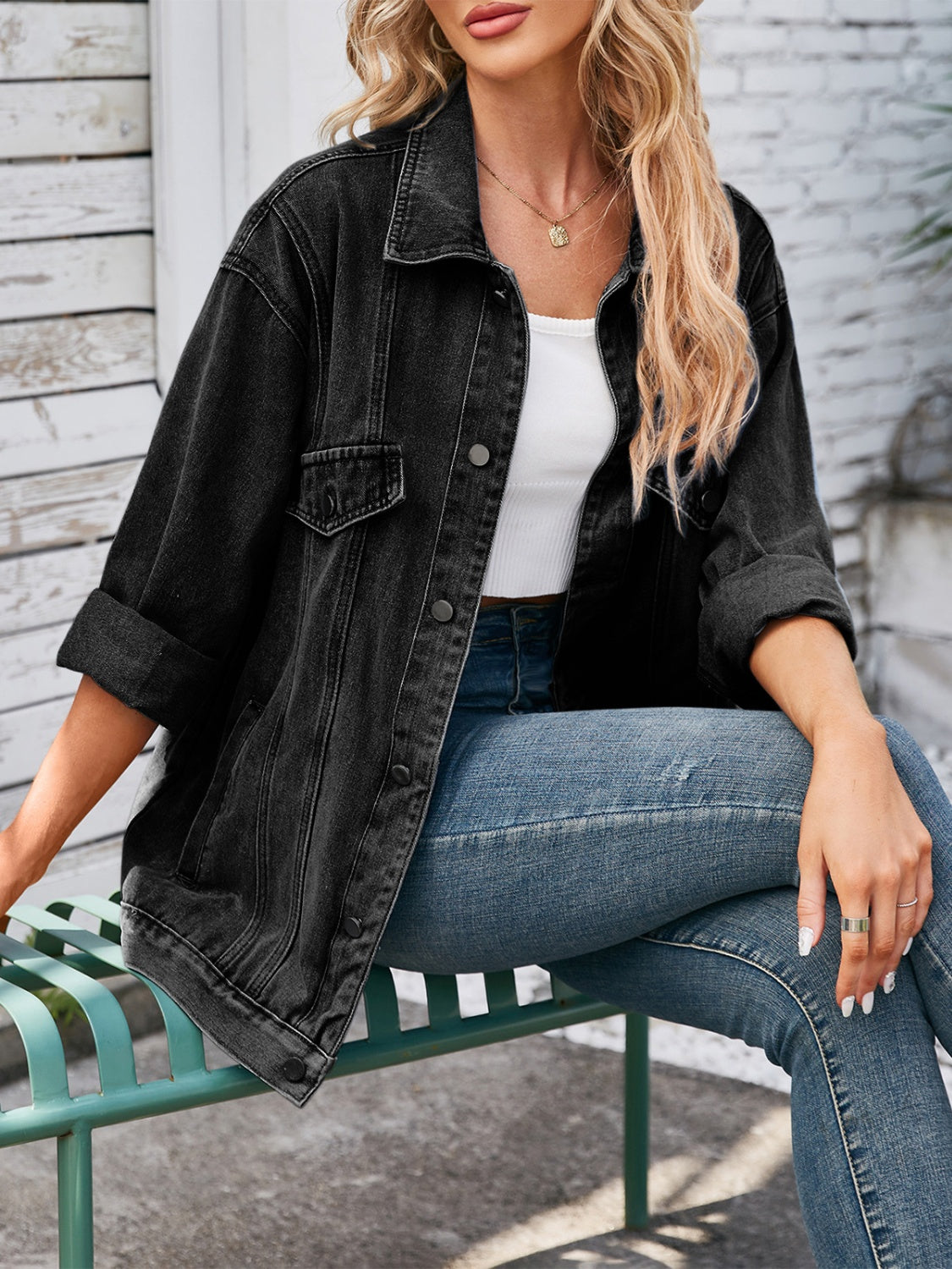Button Up Long Sleeve Denim Jacket-Bella Boutique Collective