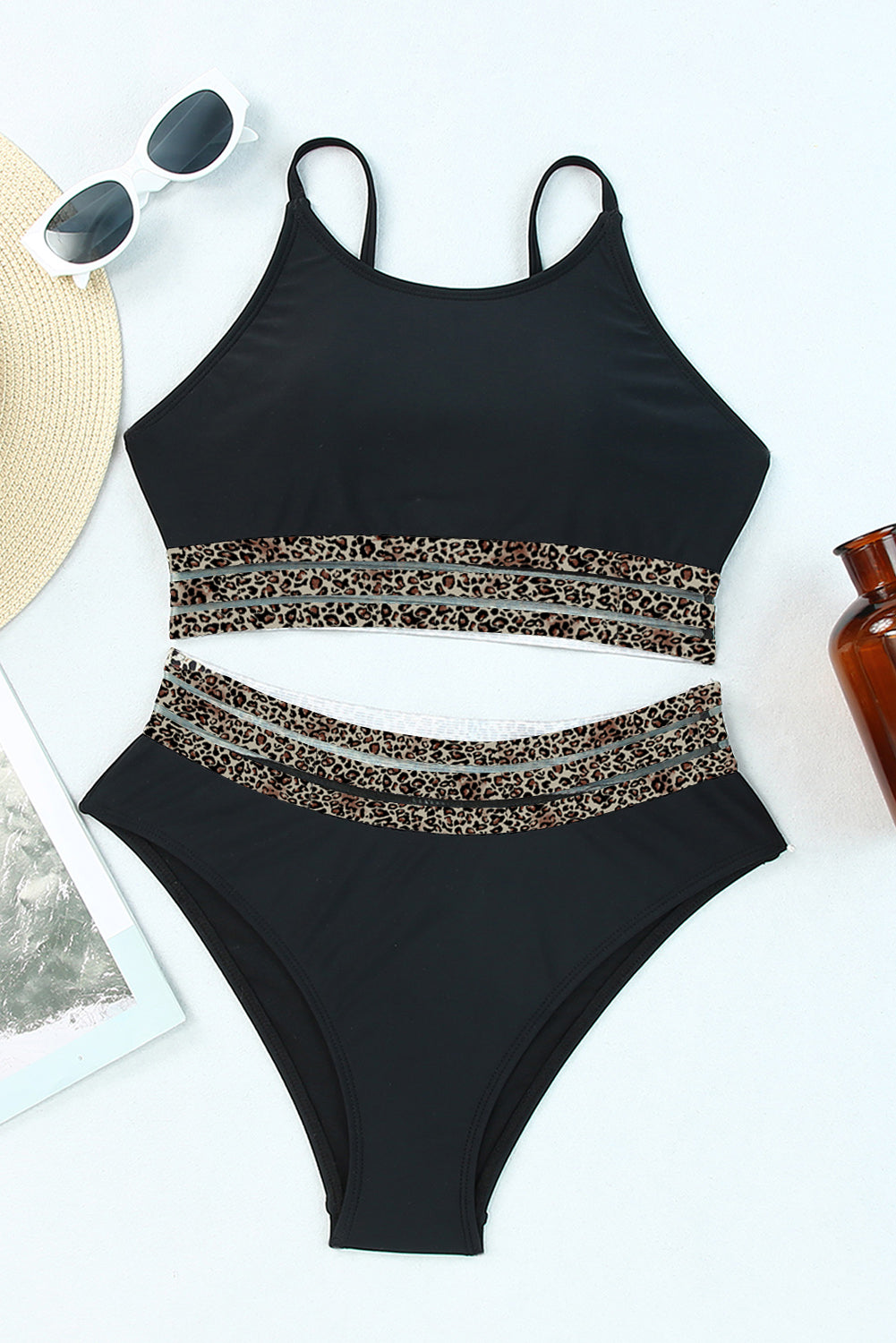 Black Rose Leopard Mesh Trim 2pcs Bikini Swimsuit-Bella Boutique Collective