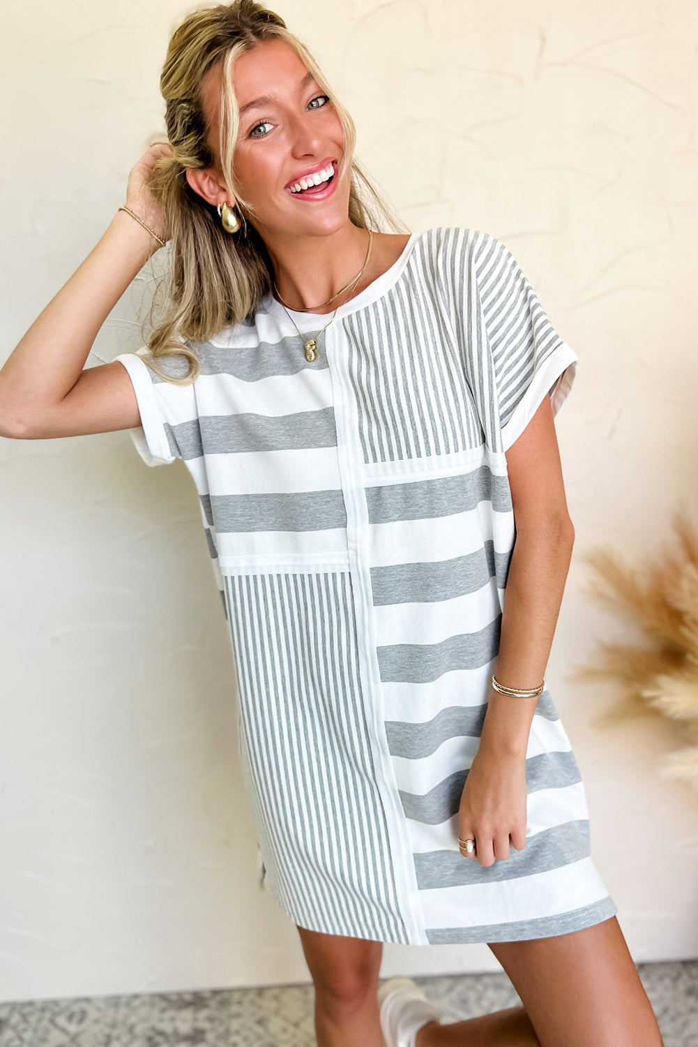 Gray Stripe Mixed Printed Short Sleeve Shift Mini T Shirt Dress-Bella Boutique Collective