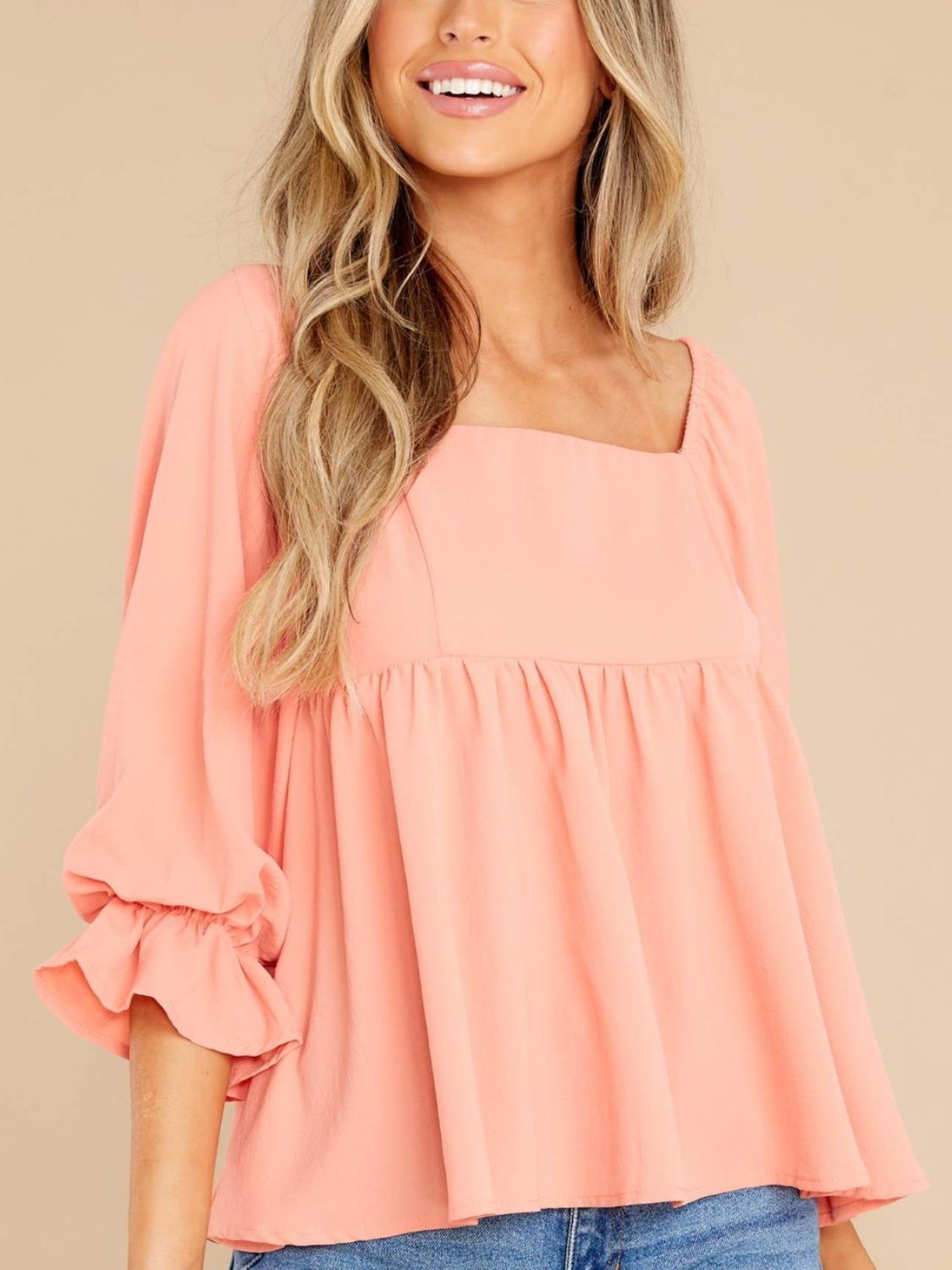 Smocked Square Neck Flounce Sleeve Blouse-Bella Boutique Collective