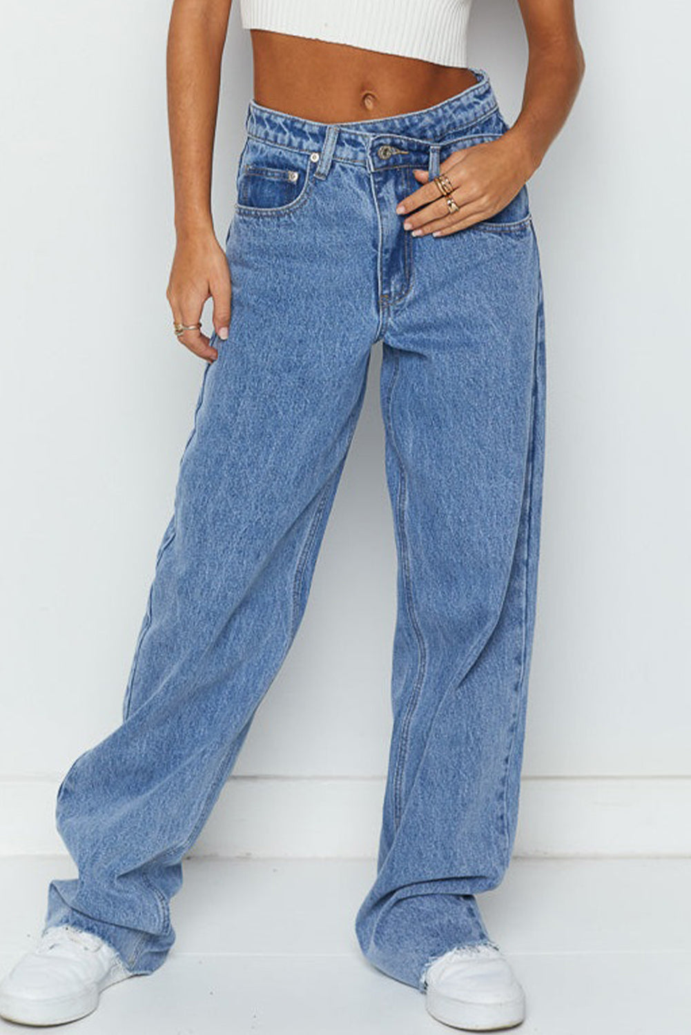 Blue Mid Rise Asymmetrical Waist Wide Leg Jeans-Bella Boutique Collective