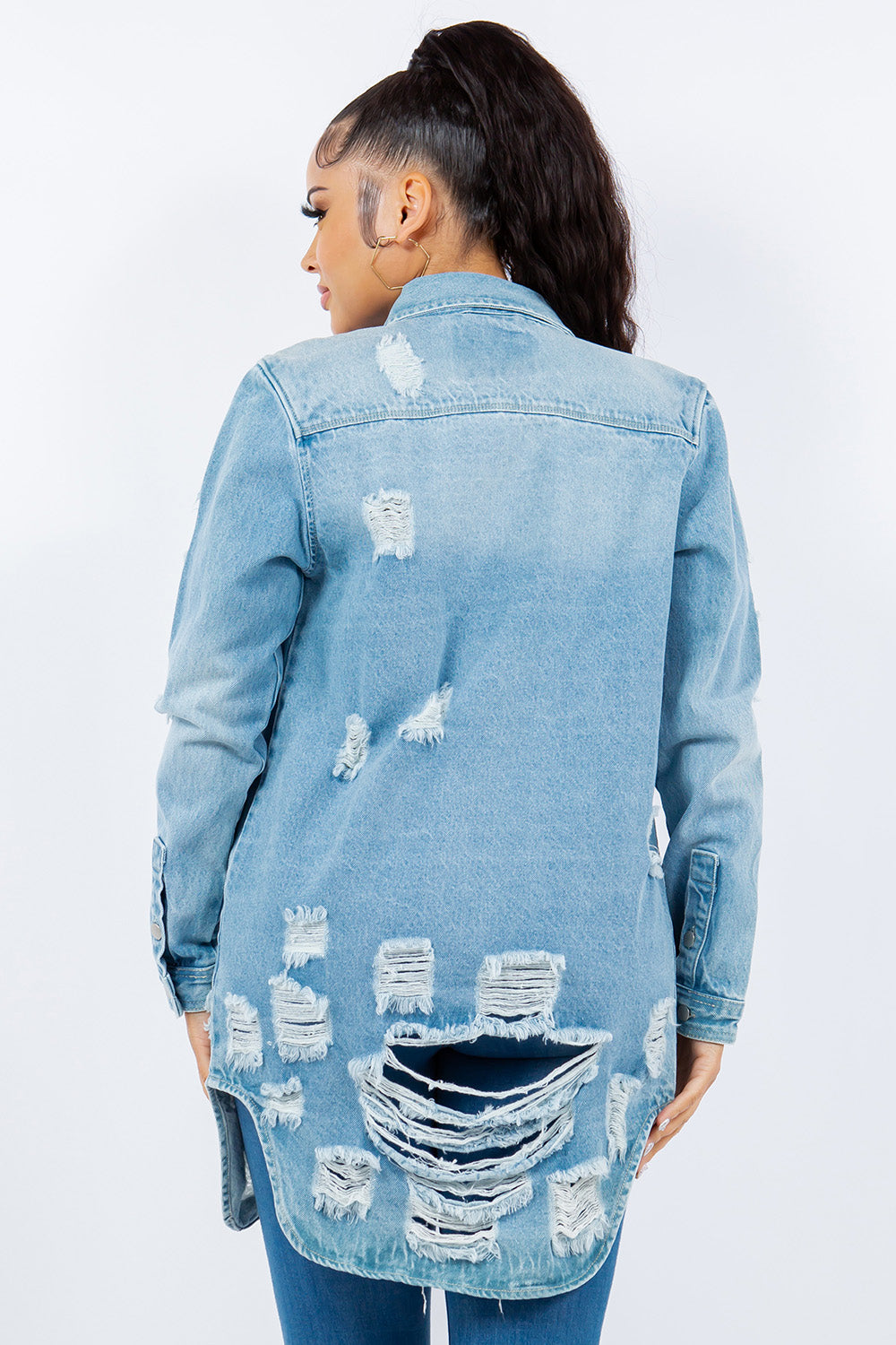 American Bazi Distressed Button Up Long Sleeve Denim Jacket-Bella Boutique Collective