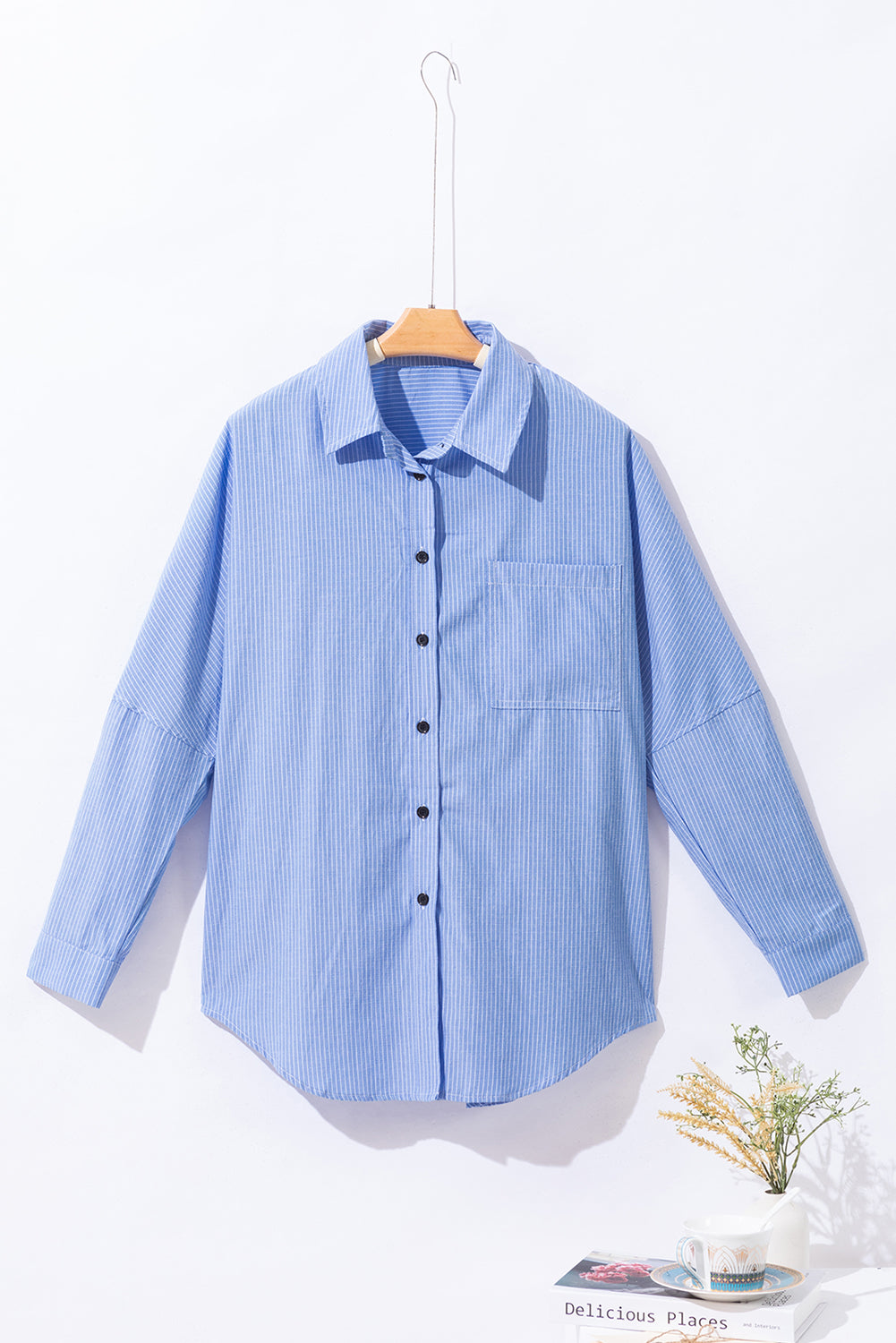 Sky Blue Stripe Roll-tab Sleeve Pocketed Long Shirt-Bella Boutique Collective