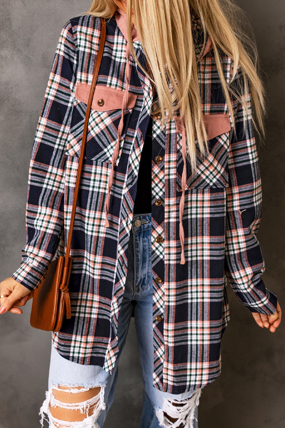 Pink Contrast Hooded Drawstring Plaid Shacket-Bella Boutique Collective