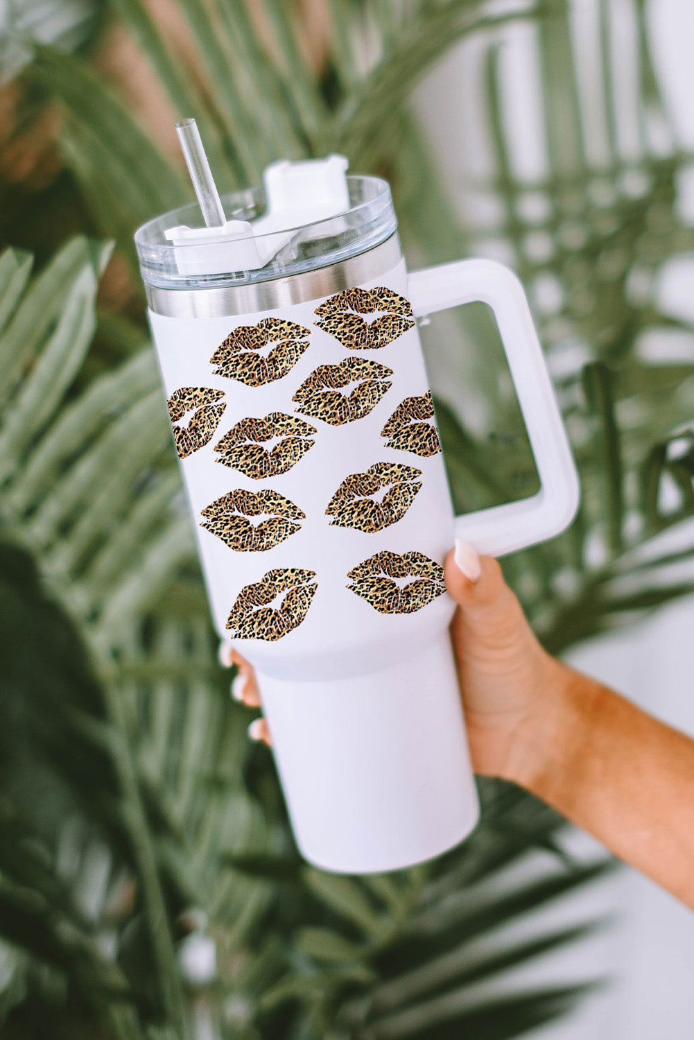 White Valentine Leopard Lips Print Thermos Cup with Straw 40oz-Bella Boutique Collective
