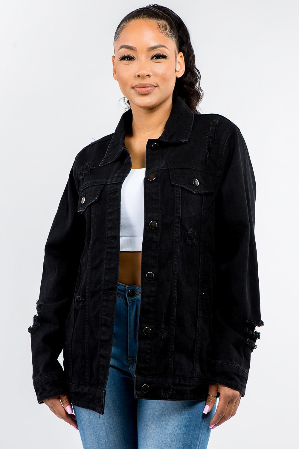 American Bazi Full Size Button Up Distressed Denim Jacket-Bella Boutique Collective