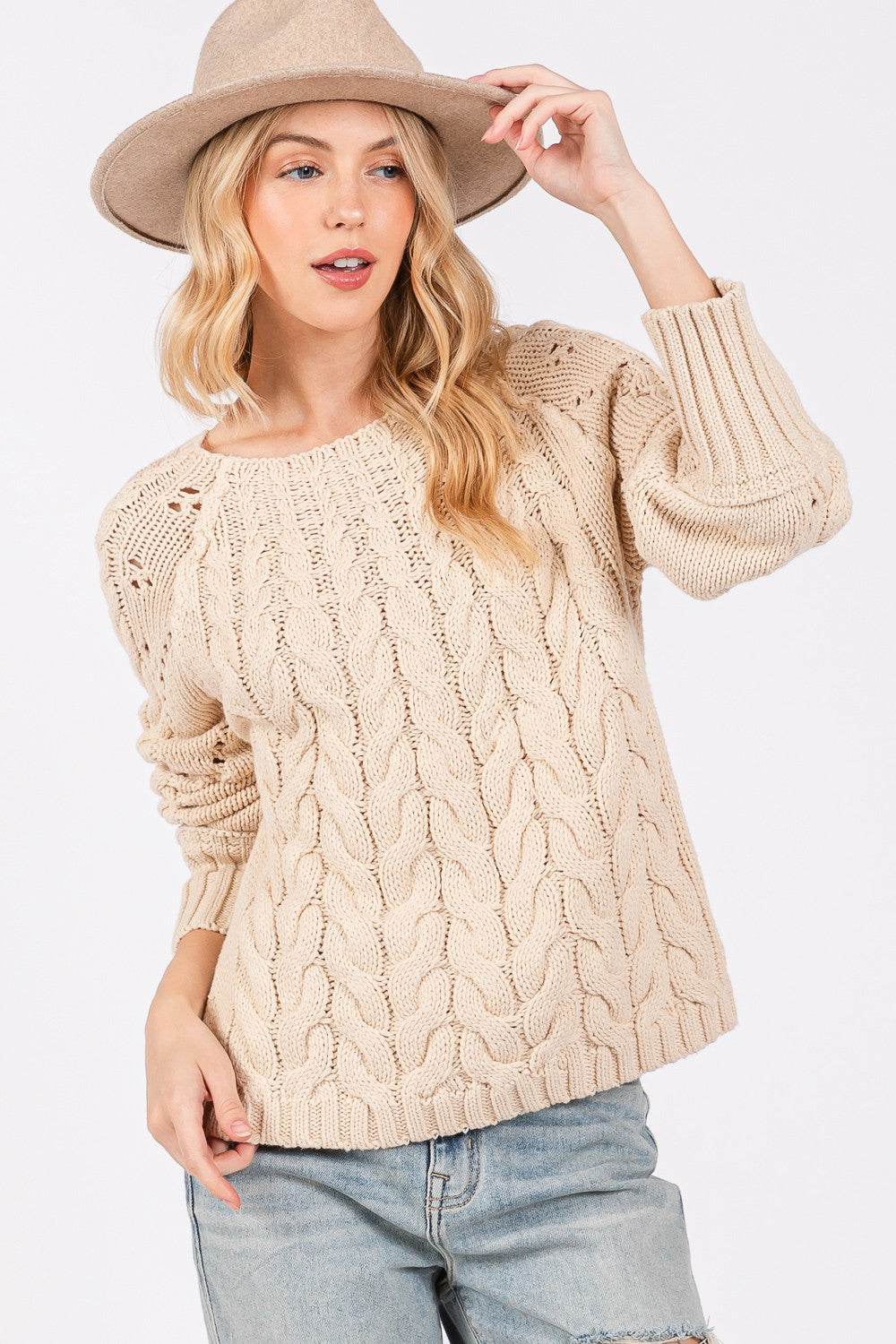 SAGE + FIG Cable-Knit Long Sleeve Sweater-Bella Boutique Collective