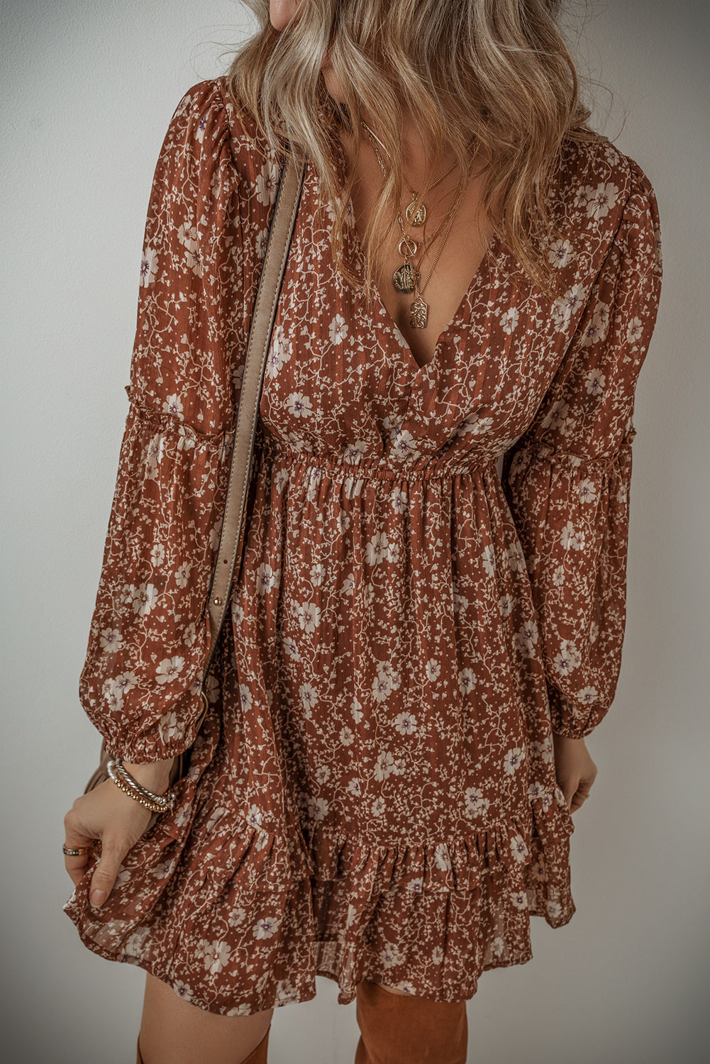 Brown Boho Floral Ruffled Puff Sleeve V Neck Mini Dress-Bella Boutique Collective