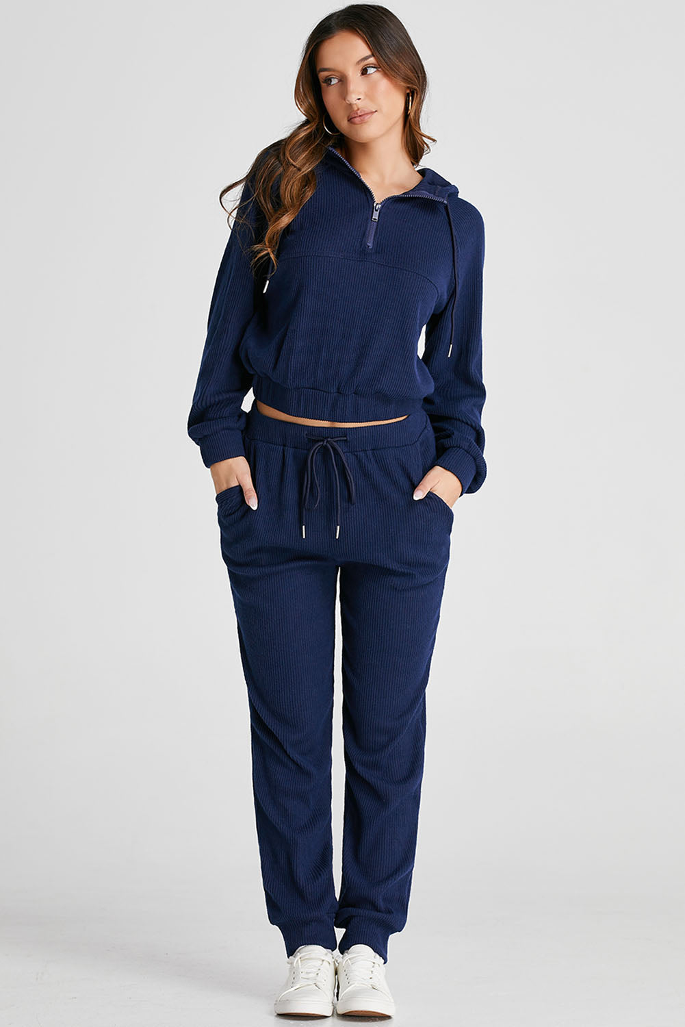 Navy Blue Ribbed Knit Cropped Hoodie and Drawstring Joggers Set-Bella Boutique Collective