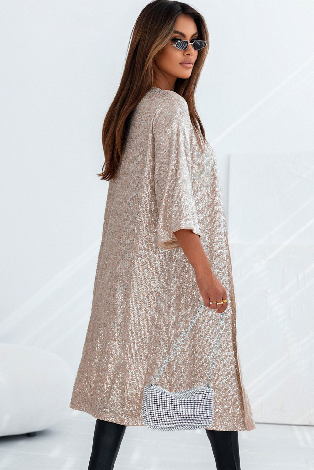 Apricot Sequin 3/4 Sleeve Open Front Duster Kimono-Bella Boutique Collective