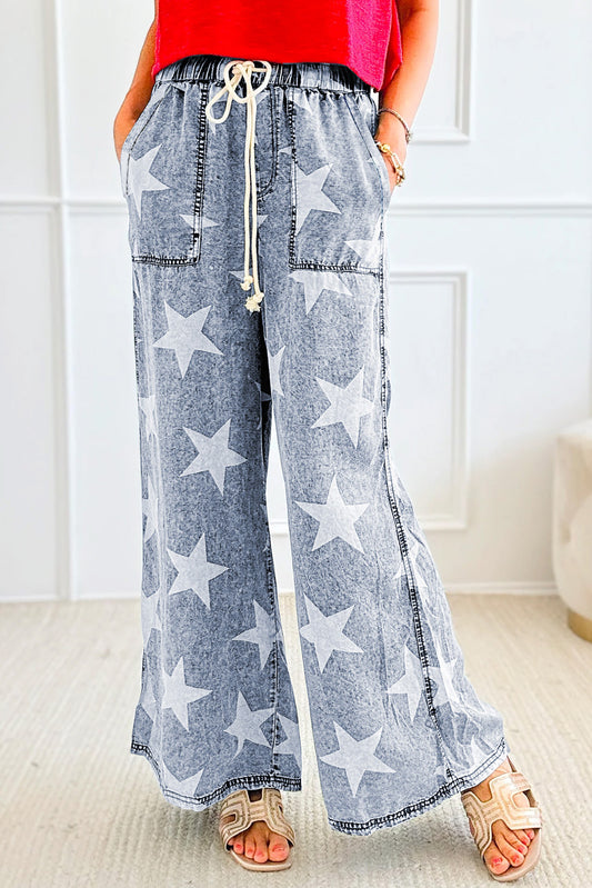 Light Blue Star Print Light Wash Drawstring High Waist Wide Leg Jeans-Bella Boutique Collective