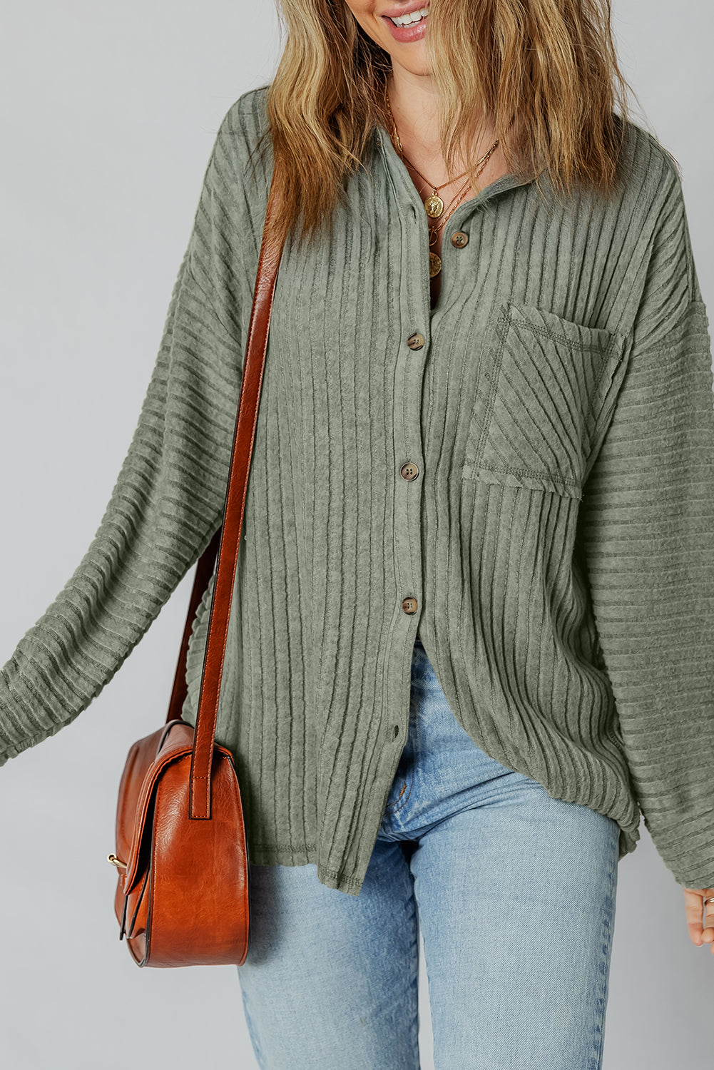 Mist Green Thermal Ribbed Texture Drop Shoulder Button Up Shacket-Bella Boutique Collective