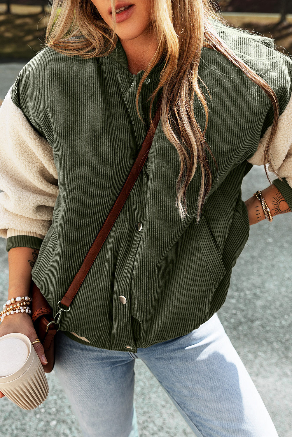 Mist Green Corduroy Fleece Patchwork Buttoned Bomber Jacket-Bella Boutique Collective