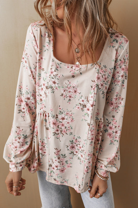 Pink Floral Print Pleated U Neck Loose Fit Blouse-Bella Boutique Collective