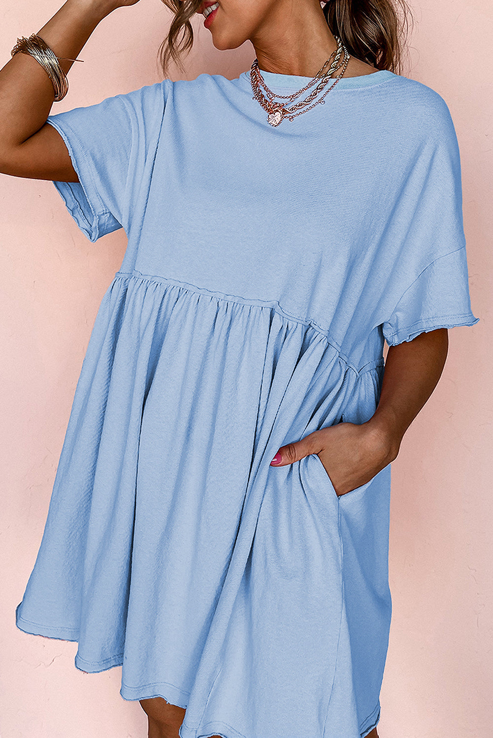 Sky Blue Solid Color Pocketed Raw Edge Babydoll Dress-Bella Boutique Collective