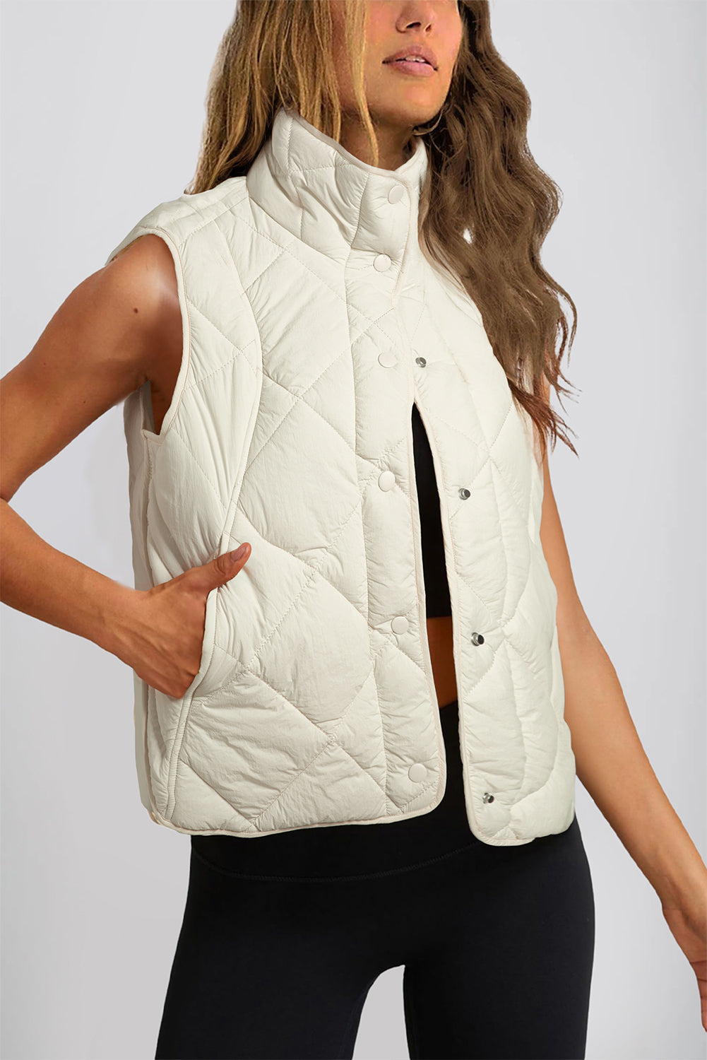 Beige Quilted High Neck Button Up Pocket Vest Coat-Bella Boutique Collective