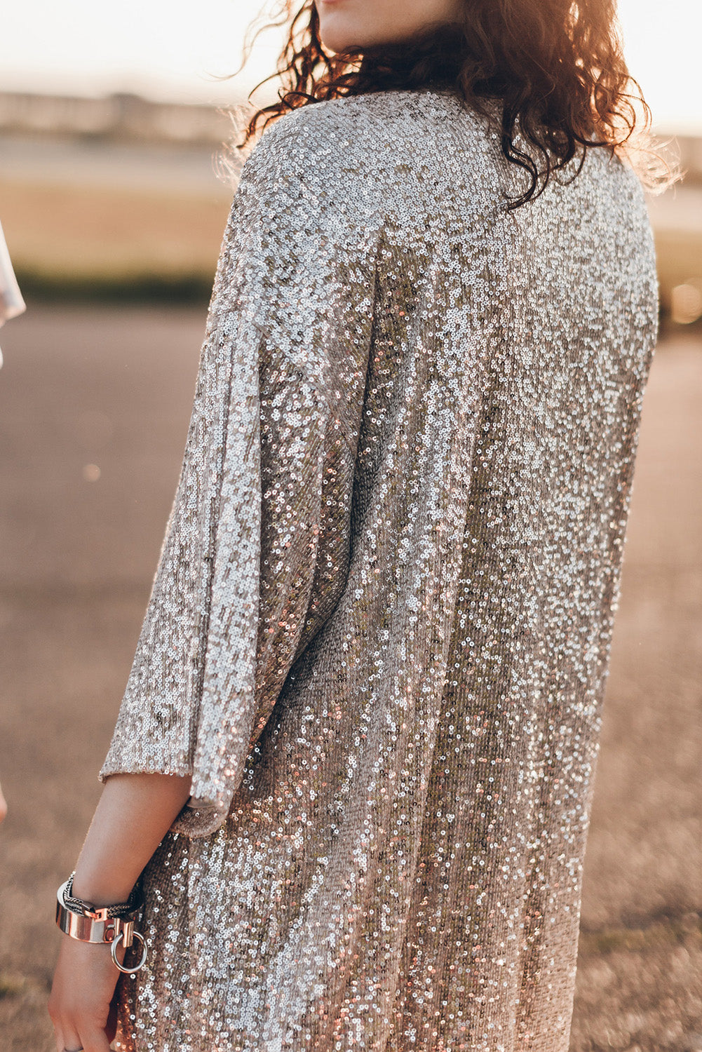 Apricot Sequin 3/4 Sleeve Open Front Duster Kimono-Bella Boutique Collective