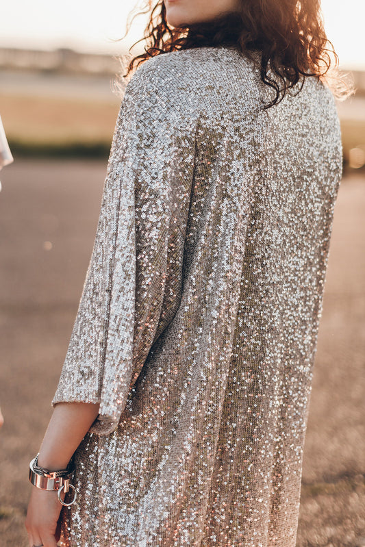 Apricot Sequin 3/4 Sleeve Open Front Duster Kimono-Bella Boutique Collective