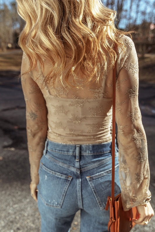 Apricot Lace Mesh Crochet Splicing Slim Fit Long Sleeve Blouse-Bella Boutique Collective