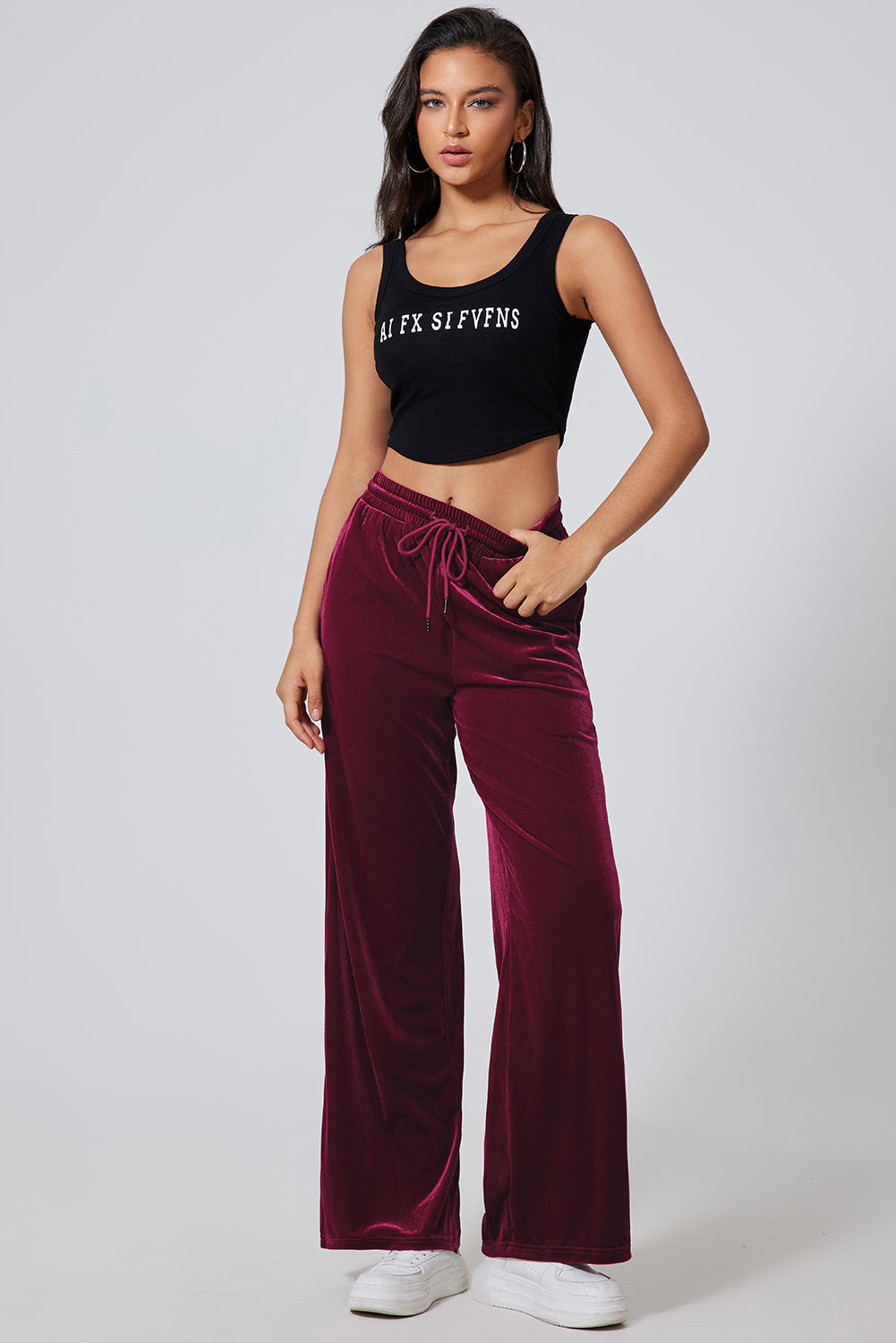 Burgundy Solid Drawstring Waist Wide Leg Pants-Bella Boutique Collective