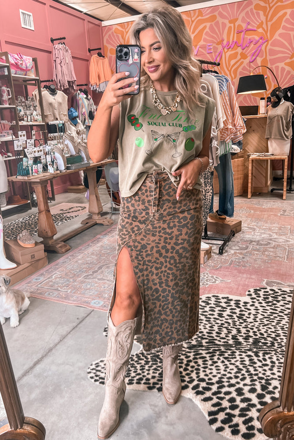 Brown Leopard Denim Frayed Split Denim Midi Skirt-Bella Boutique Collective