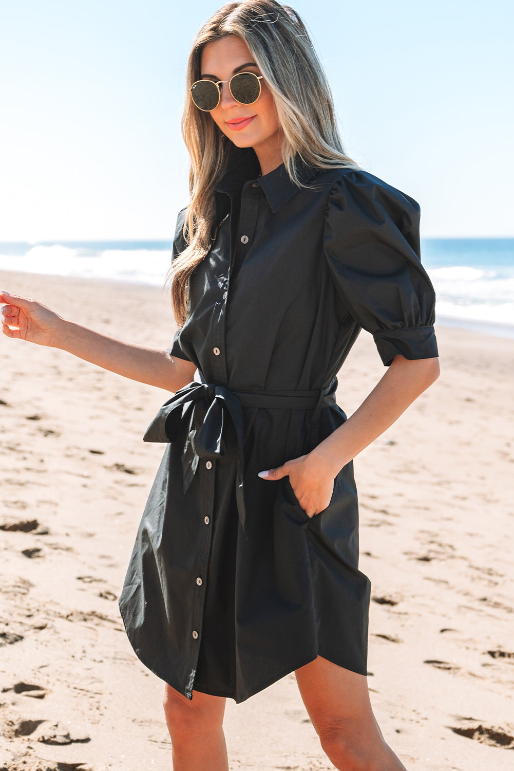 Black Button Up Tie Waist Puff Sleeve Mini Dress-Bella Boutique Collective