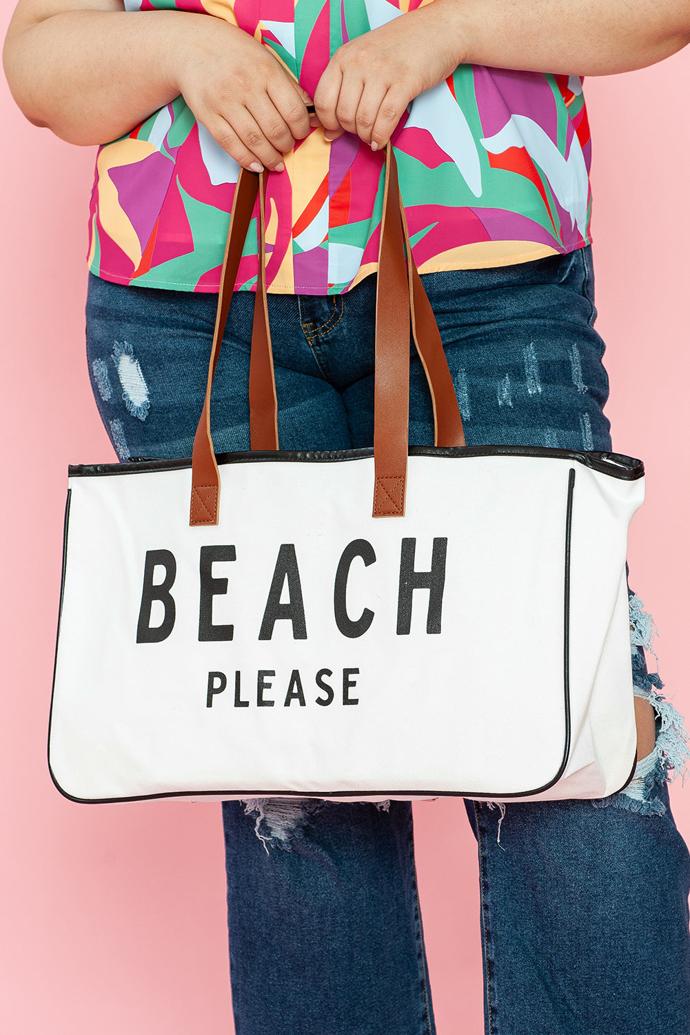 White BEACH PLEASE Print Large Canvas Tote Bag-Bella Boutique Collective