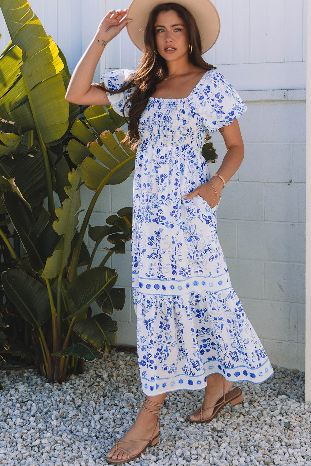 Sky Blue Floral Print Square Neck Bubble Sleeve High Waist Maxi Dress-Bella Boutique Collective