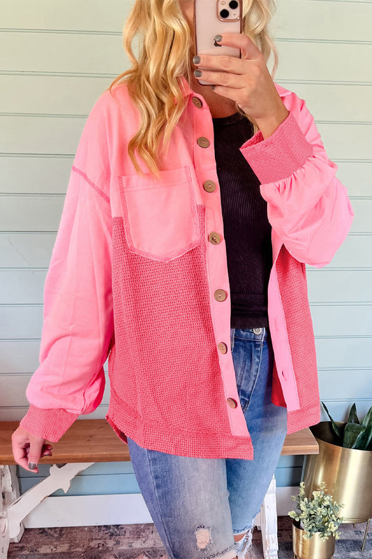 Peach Blossom Two Tone Contrast Waffle Knit Buttoned Loose Shacket-Bella Boutique Collective