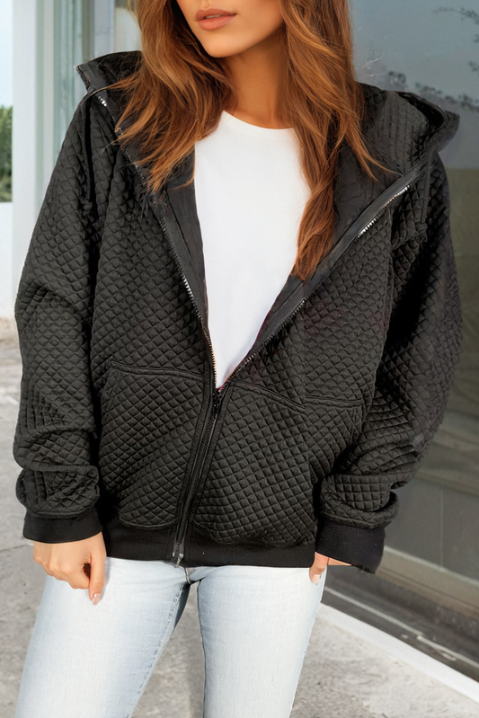 Black Quilted Side Pockets Zipper Hooded Jacket-Bella Boutique Collective