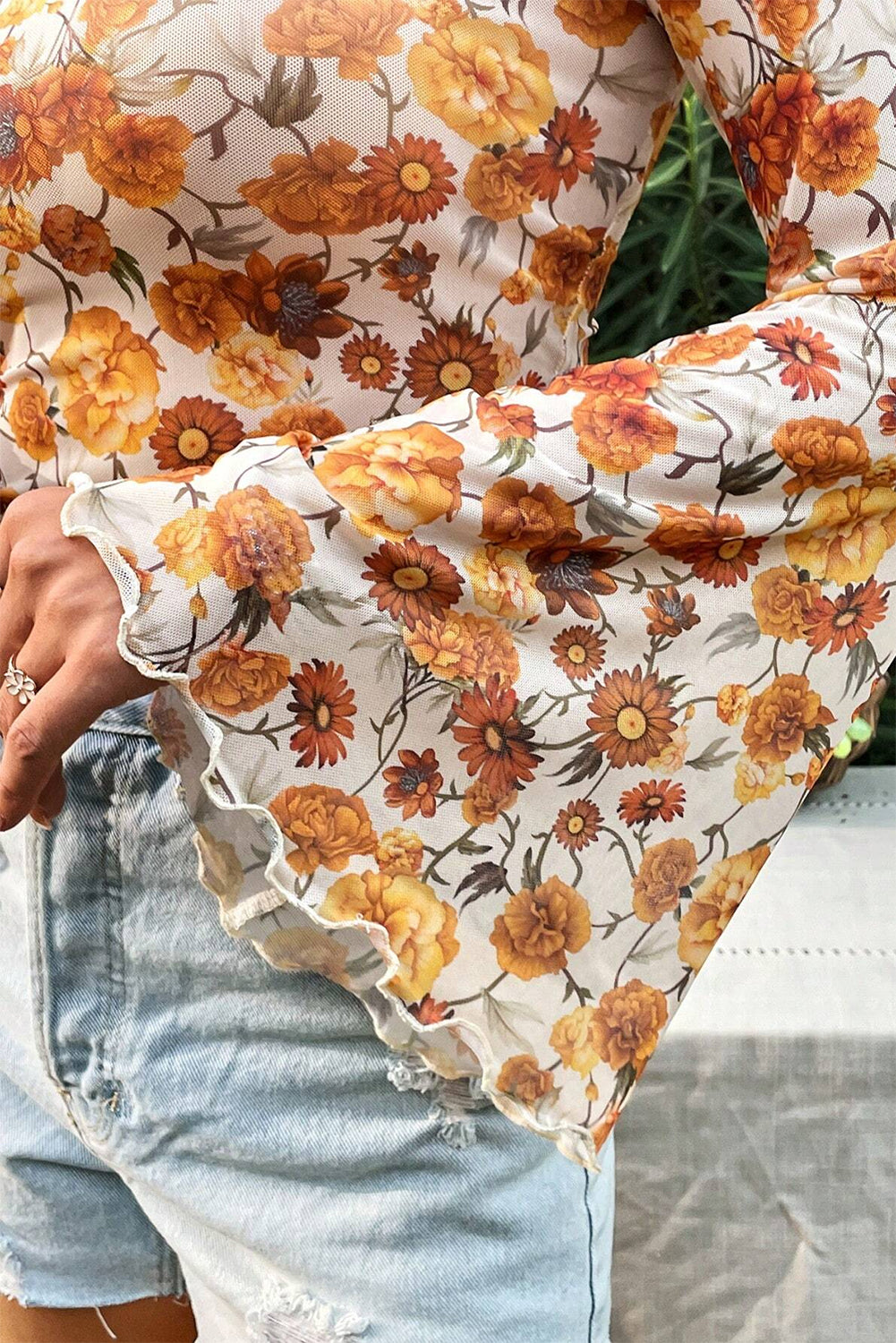 Orange Floral Printed Bell Sleeve Mock Neck Scallop Trim Blouse-Bella Boutique Collective