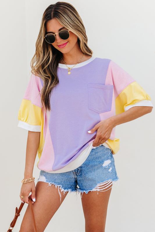 Purple Color Block Patchwork Half Sleeve Oversized T Shirt-Bella Boutique Collective