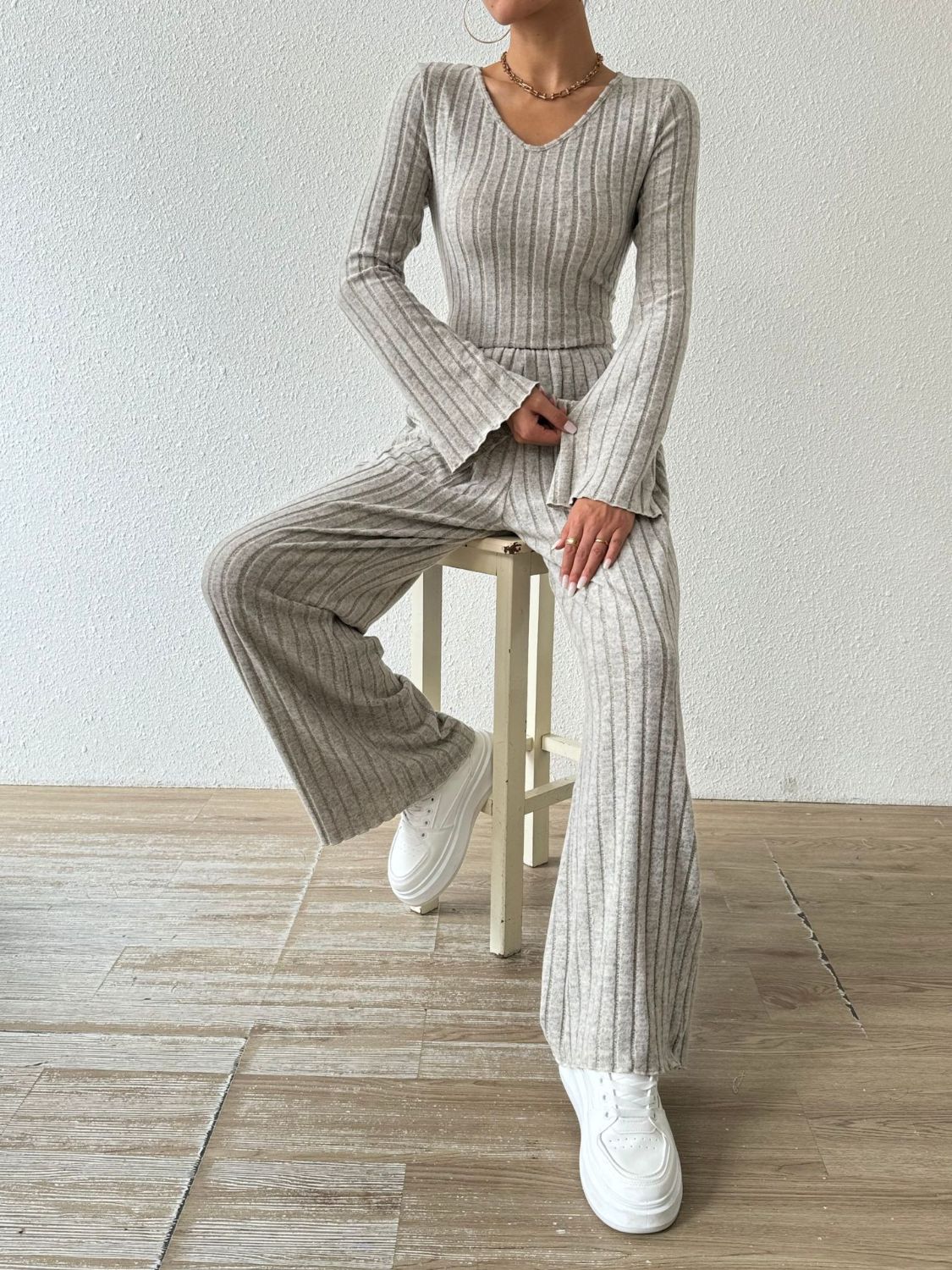 Ribbed V-Neck Long Sleeve Top and Pocketed Pants Set-Bella Boutique Collective